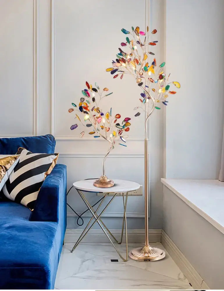 Art deco gold metal floor lamp with colorful translucent agate leaves by decorbites for elegant living room decor