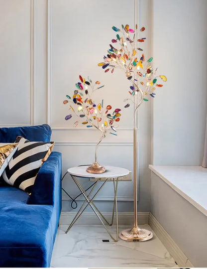 Art deco gold metal floor lamp with colorful translucent agate leaves by decorbites for elegant living room decor
