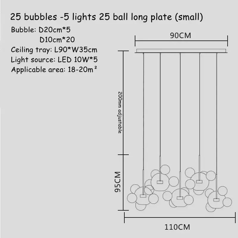 A decorbites art deco glass bubble chandelier with 25 spherical glass bubbles on a sleek metal tray for dining room decor