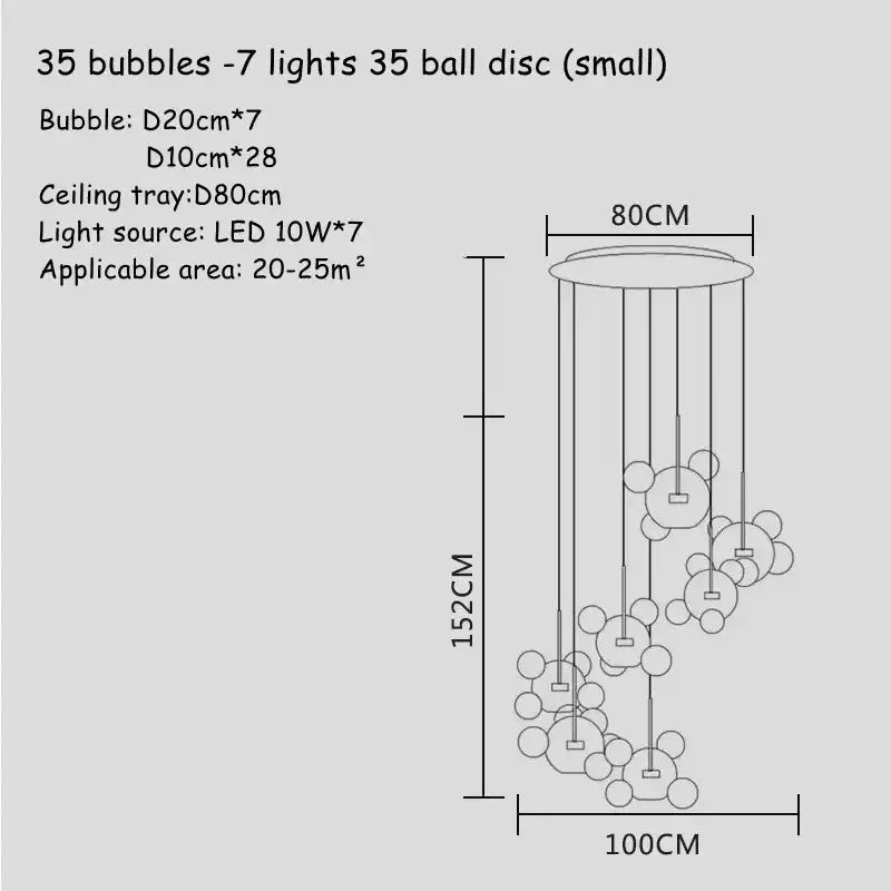 Art deco glass bubble chandelier with 35 spherical glass bubbles and thin cables for modern dining room decorbites design
