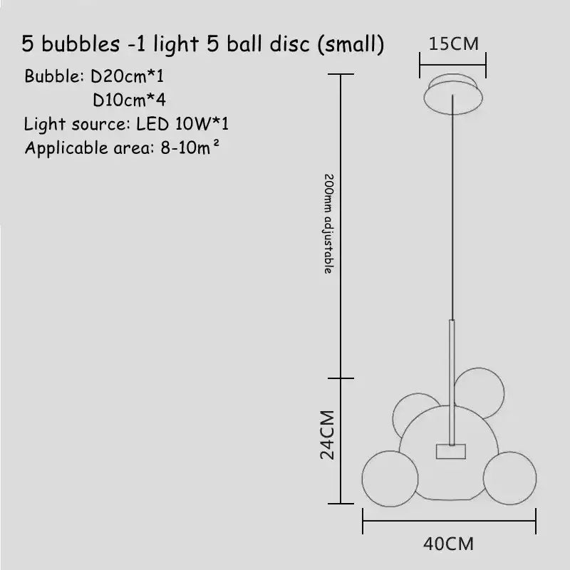 A modern art deco glass bubble chandelier with five spherical orbs on a slender adjustable metal rod for dining room decorbites