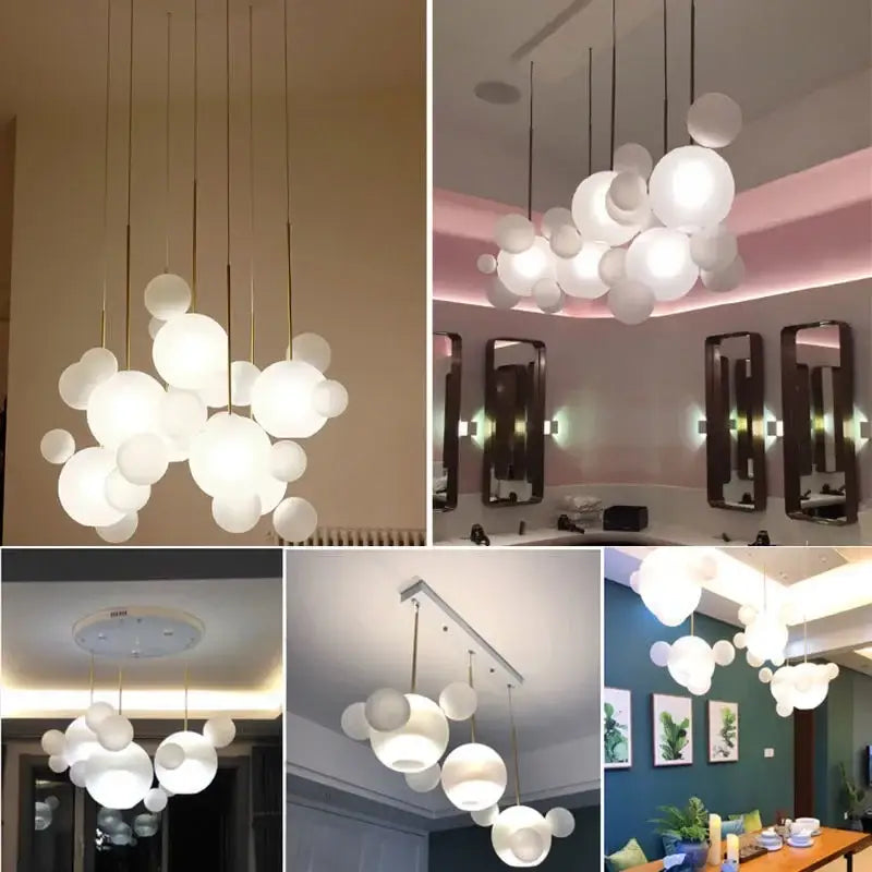 Modern white frosted glass globe pendant lights with gold-toned rods for art deco glass bubble chandelier decorbites dining room