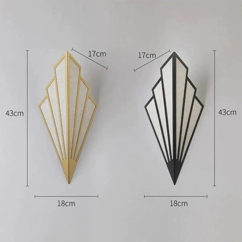 Art deco gold diamond shape modern wall light with geometric fan design, black metal frame, and frosted glass panels for bedroom