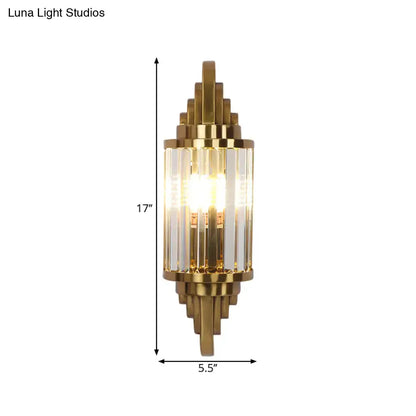 Gold finish art deco wall light with vertical crystal prisms and 17-inch height for living room decor