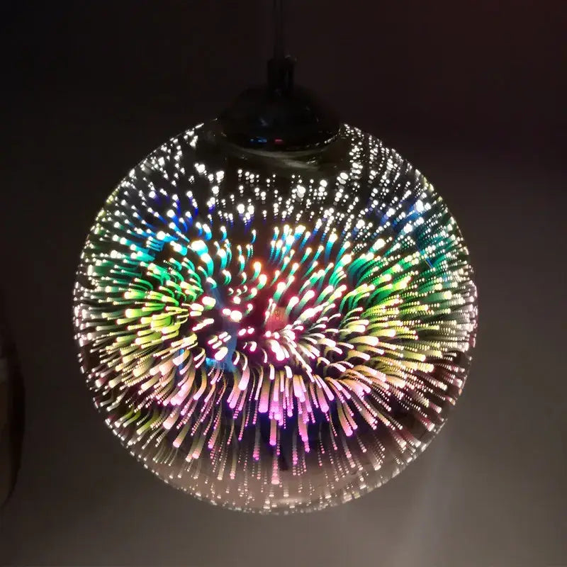 Art deco gold and silver glass globe pendant light with vibrant multi-colored led burst design for dining room
