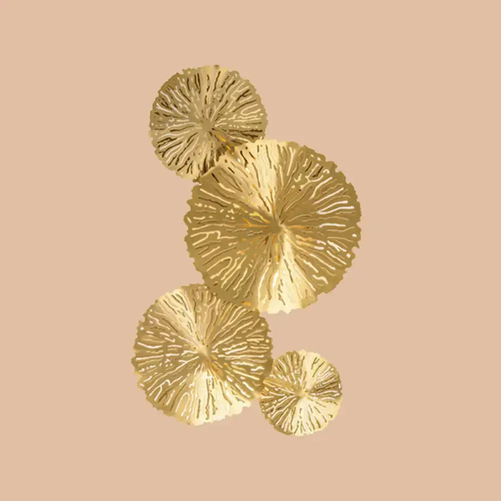 Art deco golden coral metal wall mount light fixture with intricate veined patterns and golden metallic leaf metal art deco design