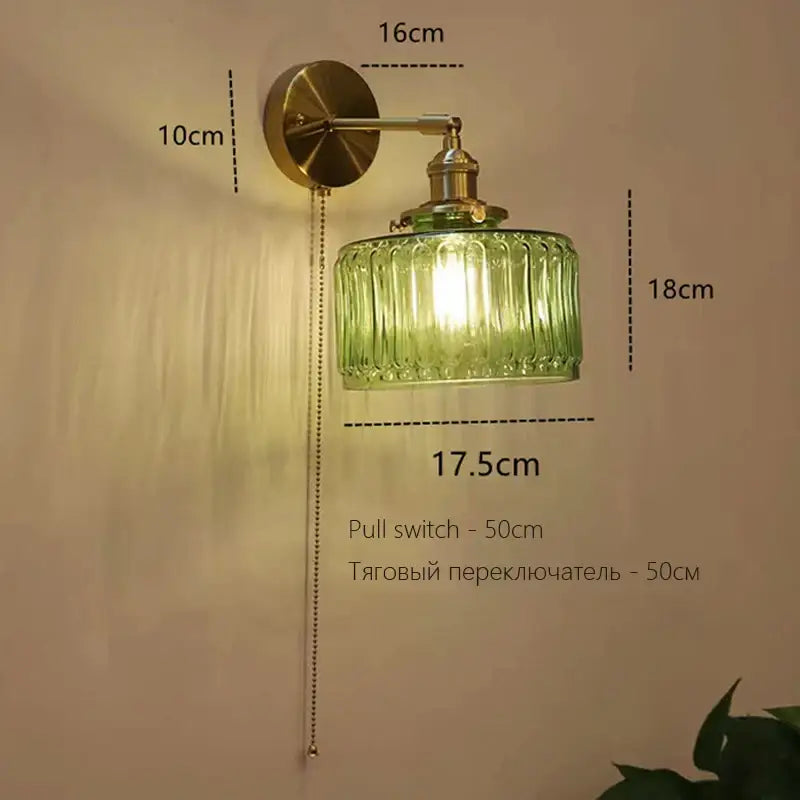 Green ribbed glass art deco led wall lamp with brass hardware and pull chain switch by DecorBites for bedroom decor