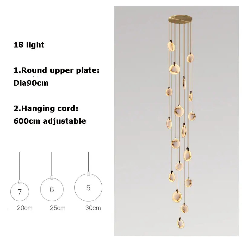 Art deco marble golden lustre pendant light with 18 shell-like fixtures for dining room chandelier in gold tone