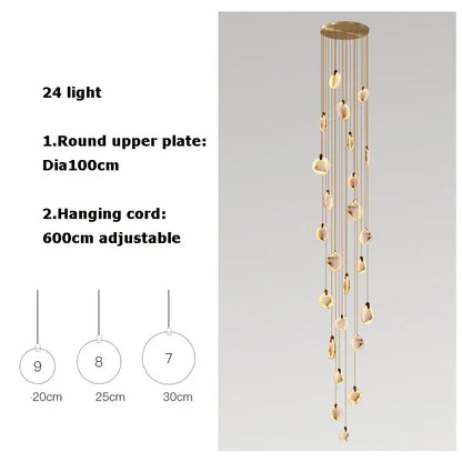 Art deco marble golden lustre pendant light with 24 teardrop glass globes for dining room illumination