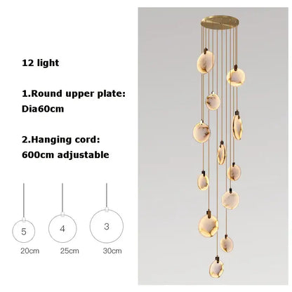 Modern art deco marble golden lustre pendant light with 12 amber glass orbs for dining room ceiling illumination