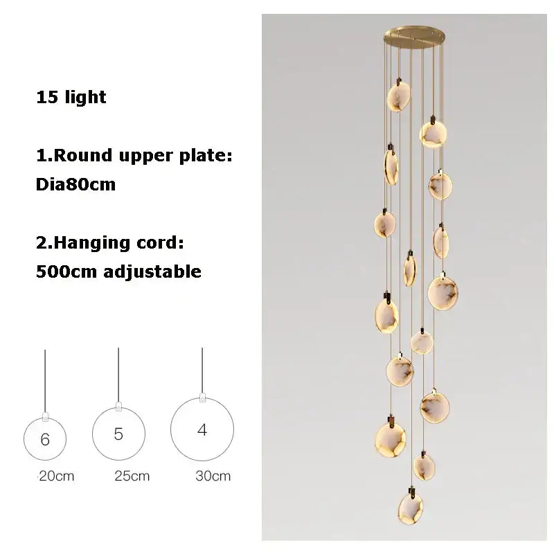 Art deco marble golden lustre pendant light with 15 warm glass orbs suspended from gold circular plate for dining room