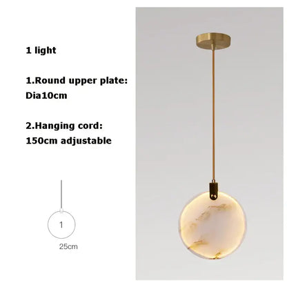 Art deco marble golden lustre pendant light with round 10cm upper plate and adjustable 150cm cord for dining room