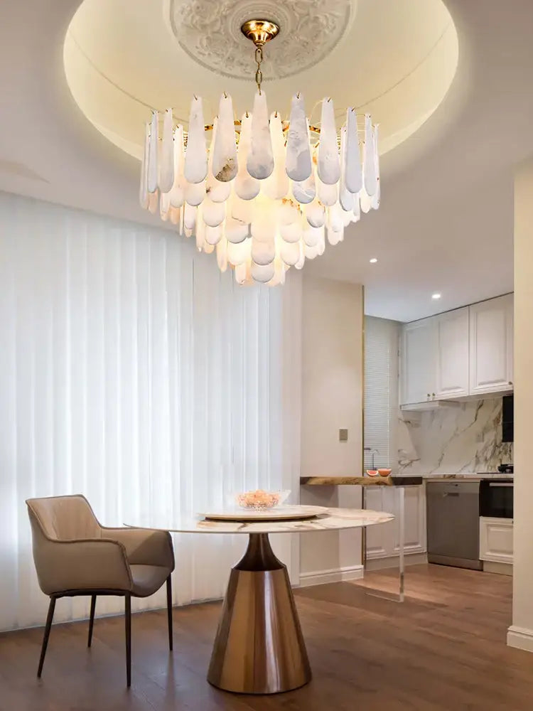 Art deco marble tiered led chandelier with white marble teardrop shades and gold frame for dining room decorbites art deco