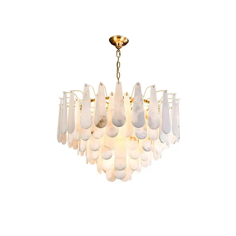 A decorbites art deco marble tiered led chandelier with cascading white translucent teardrop shades on gold frame for dining room decor