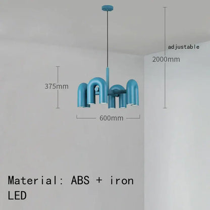 Modern teal pendant light fixture with u-shaped abs and iron arms in art deco metal industrial chandelier style