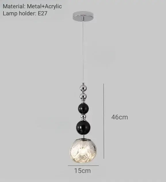 Art deco silver lava pendant light with chrome fixture, black beads, textured glass globe, suitable for led bulb use