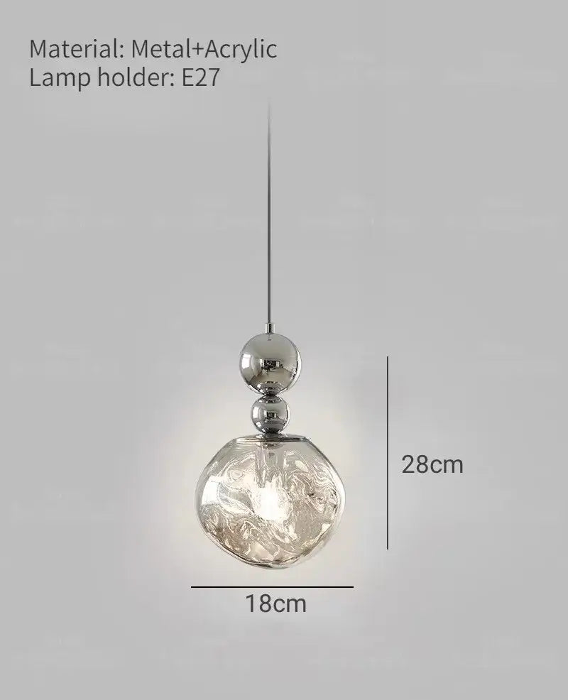 Art deco silver lava pendant light with textured translucent acrylic globe and polished metal spheres for living room LED bulb
