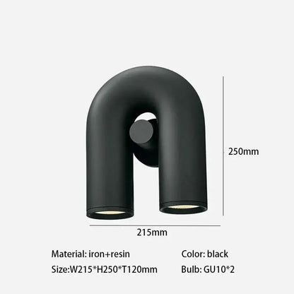 Black u-shaped wall-mounted iron and resin light fixture with two gu10 bulbs for art deco metal decorbites lighting