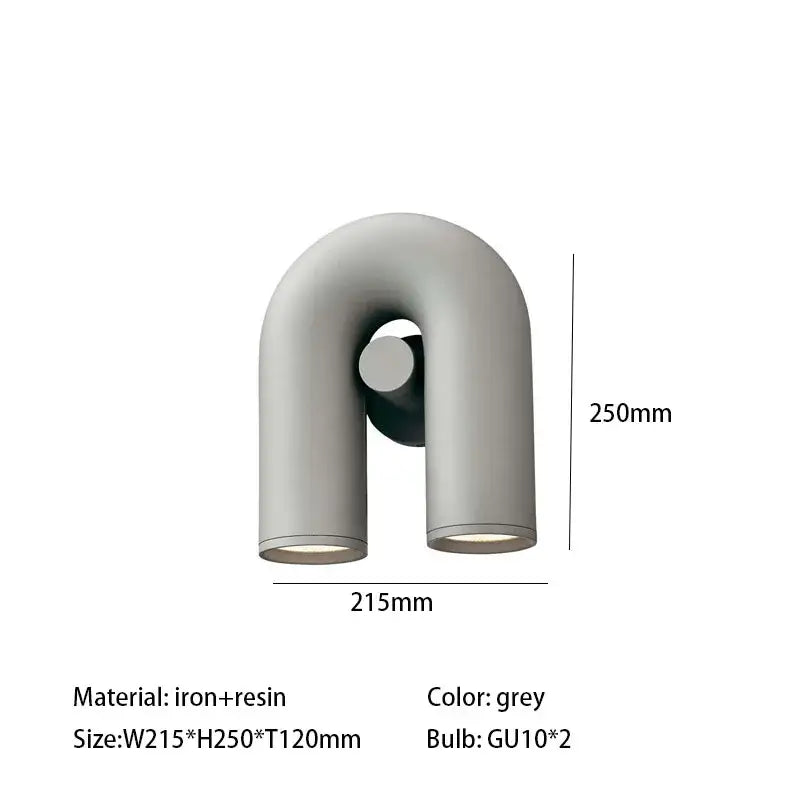 Grey u-shaped wall sconce made of iron and resin with two gu10 light fixtures for art deco metal decorbites art deco
