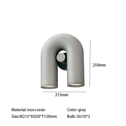 Grey u-shaped wall sconce made of iron and resin with two gu10 light fixtures for art deco metal decorbites art deco