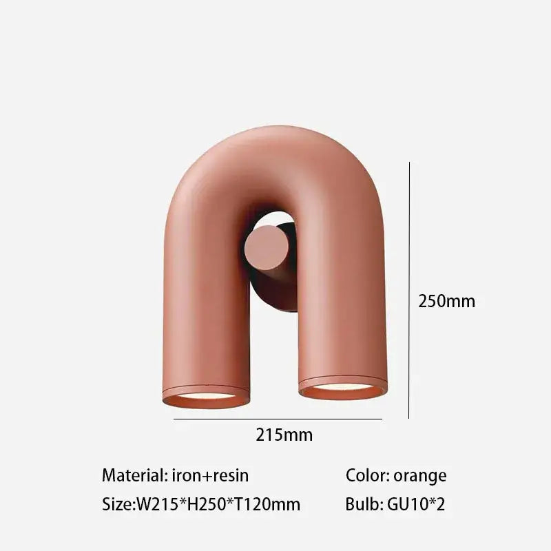 Orange u-shaped iron and resin wall sconce with two gu10 bulbs complementing art deco metal decorbites style