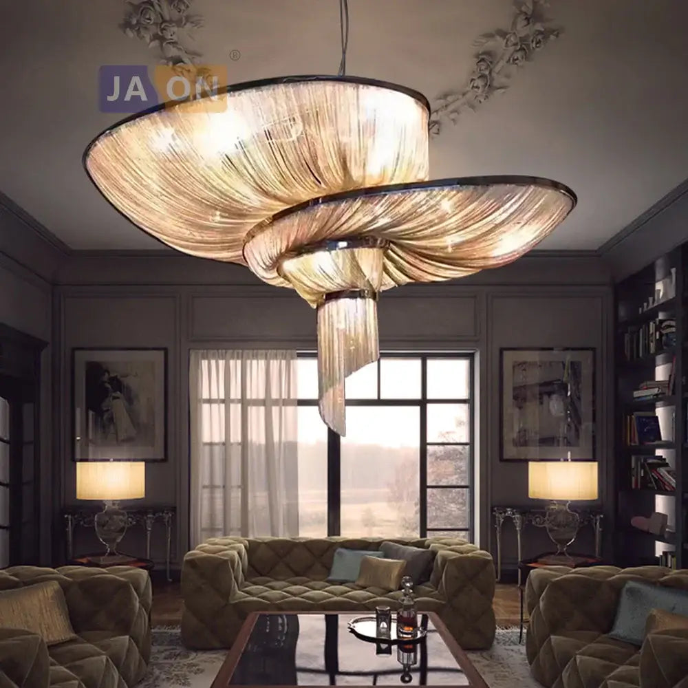 A luxurious art deco vintage black metal and golden glass pendant light with two-tiered cascading strands for dining room decorbites
