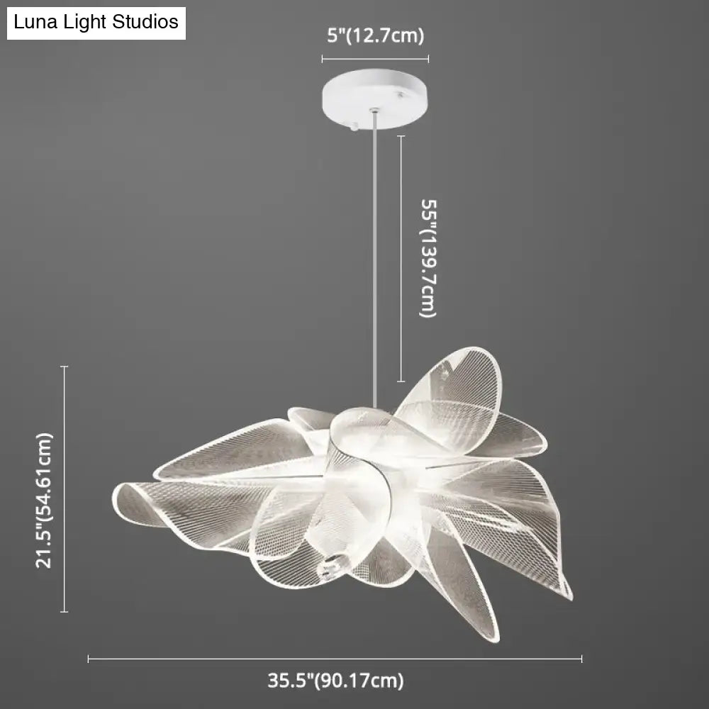 Modern white DecorBites™ tulle-like floral chandelier with acrylic petals and transparent mesh cord length detail
