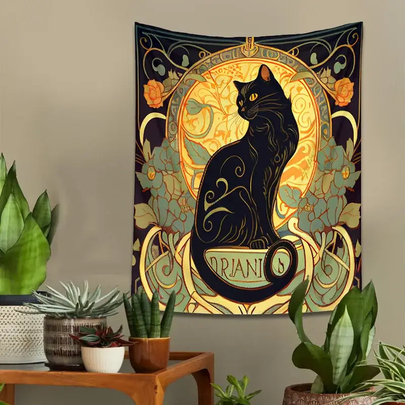 Art nouveau black cat tapestry with intricate gold and teal floral patterns by decorbites for bedroom wall decor