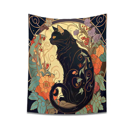 Art nouveau black cat tapestry wall hanging features a black cat with golden eyes on a dark blue floral decorbites black cat design