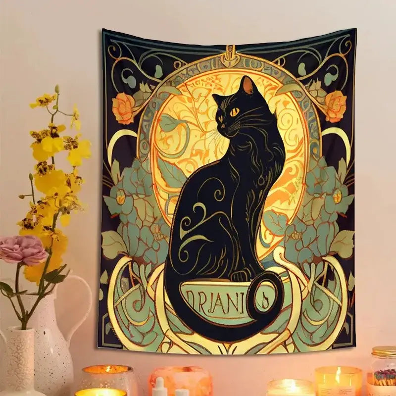 Art nouveau black cat tapestry wall hanging featuring a black cat with golden eyes on floral decorbites decor