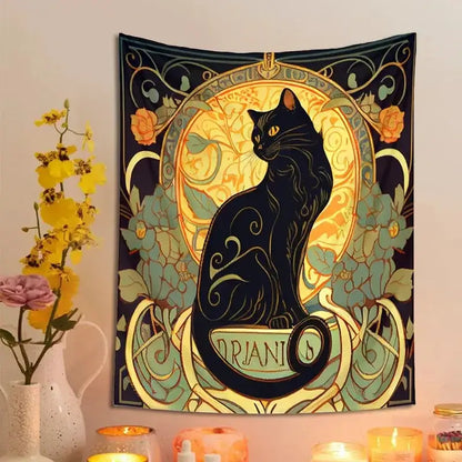 Art nouveau black cat tapestry wall hanging featuring a black cat with golden eyes on floral decorbites decor