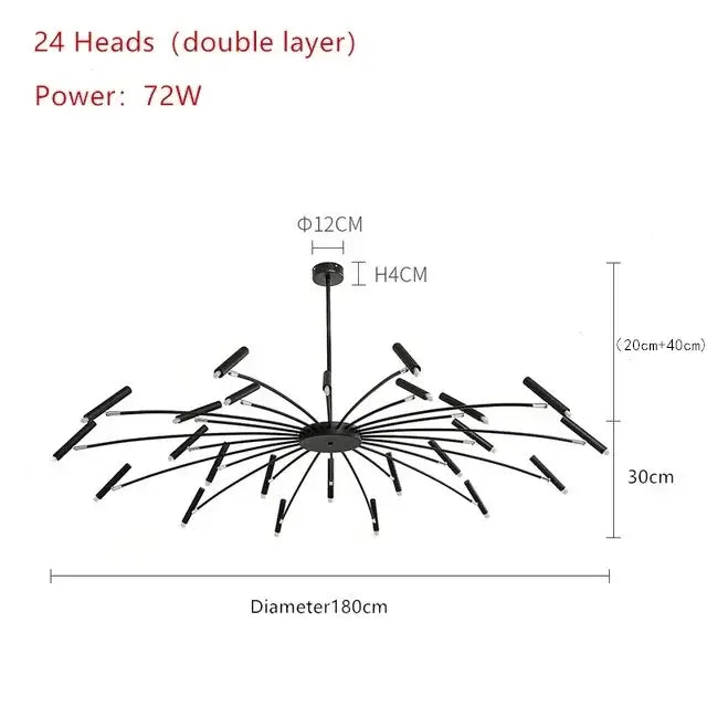 Black metal decorbites art pendant chandelier with 24 led slender arms in radial pattern for living room lighting