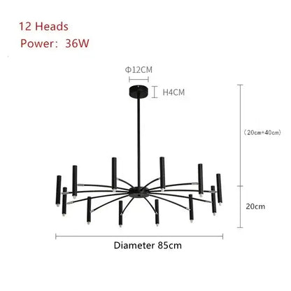 Black metal decorbites art pendant chandelier with 12 slender arms and cylindrical lights for living room decor
