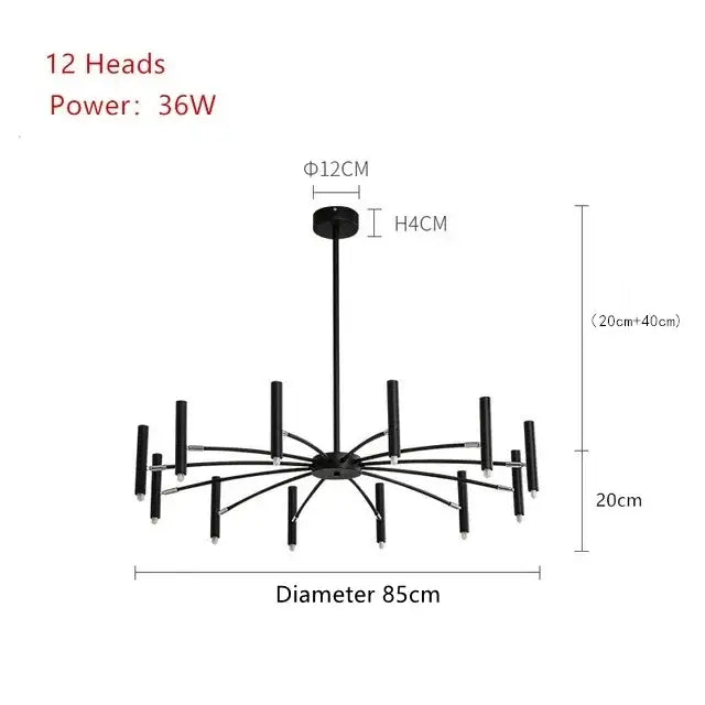 Black metal decorbites art pendant chandelier with 12 slender arms and cylindrical lights for living room decor