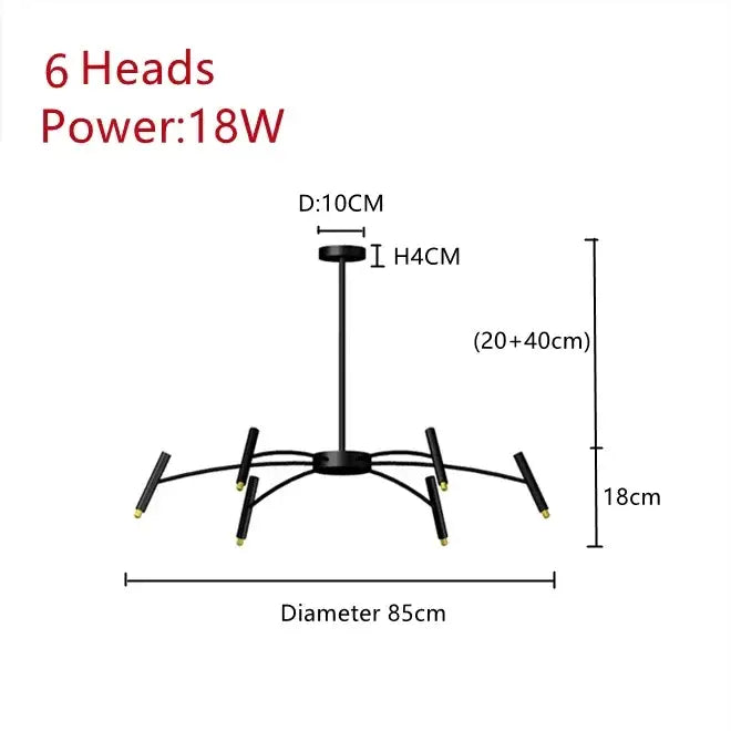 Black metal decorbites art pendant chandelier with six 18w led heads and 10cm central hub for living room lighting