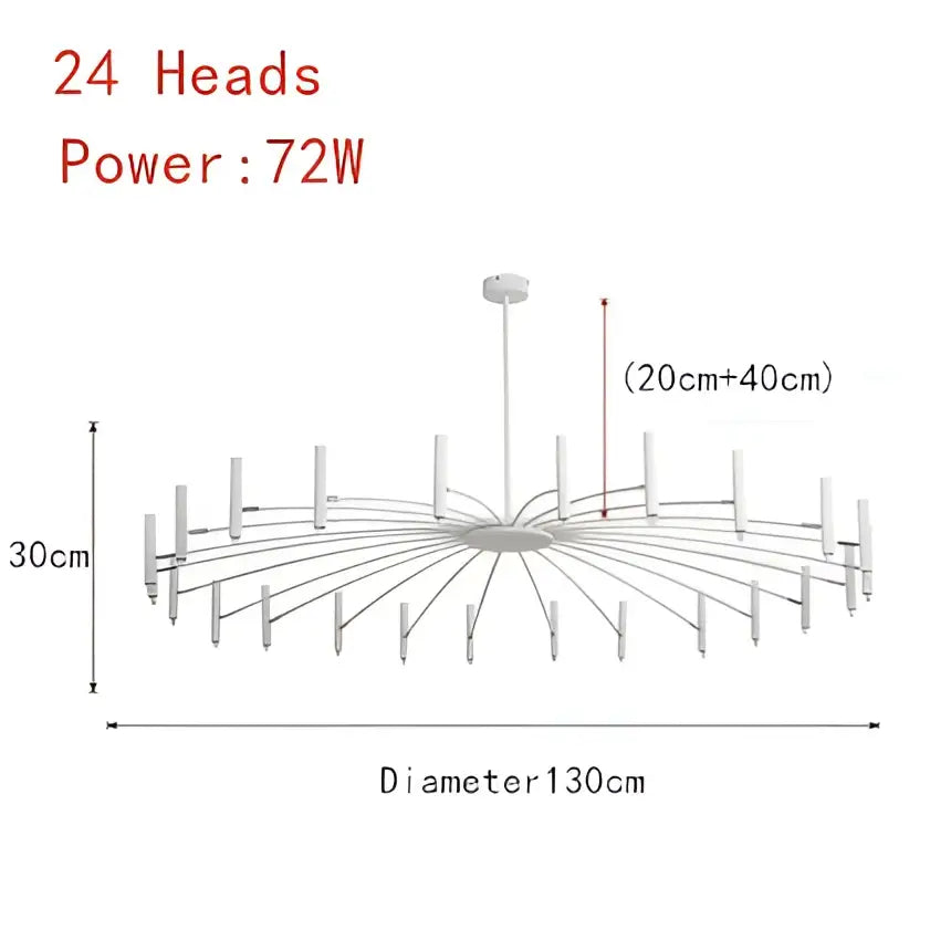 Modern decorbites art pendant chandelier with 24 slender white metal arms radiating from a black central hub for living room