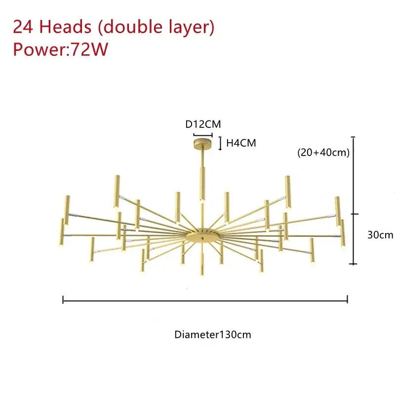 Gold-finished decorbites art pendant chandelier with 24 double-layer light heads and black metal slender arms for living room decor