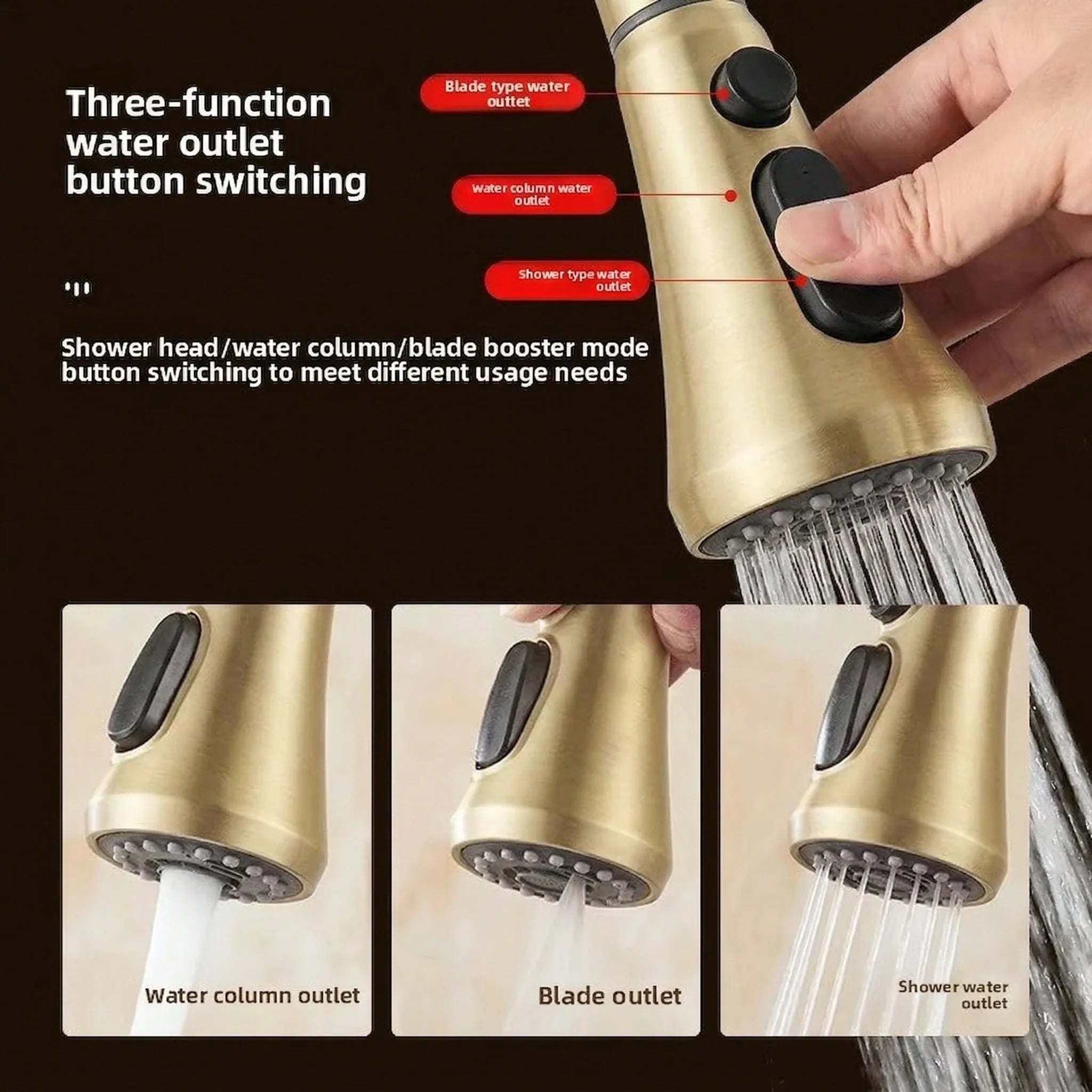 Articulated kitchen faucet antique bronze with gold-toned durable brass and three-function button for shower head modes