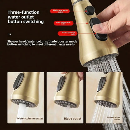Articulated kitchen faucet antique bronze with gold-toned durable brass and three-function button for shower head modes