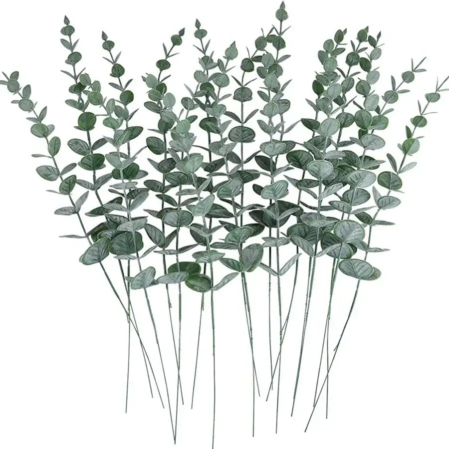 A bundle of 100pcs decorbites artificial eucalyptus leaves with round green foliage and slender wire stems for living room decor