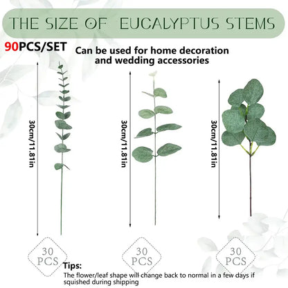 Set of 90 artificial eucalyptus stems in varying leaf shapes for home decoration or wedding accessories