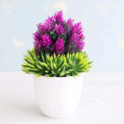 A vibrant artificial bonsai tree with purple and green foliage in a white ceramic pot for garden decor