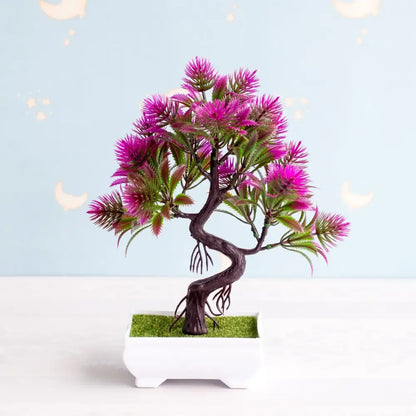 A vibrant purple and green artificial bonsai tree with twisted dark brown trunk in white rectangular pot with faux moss
