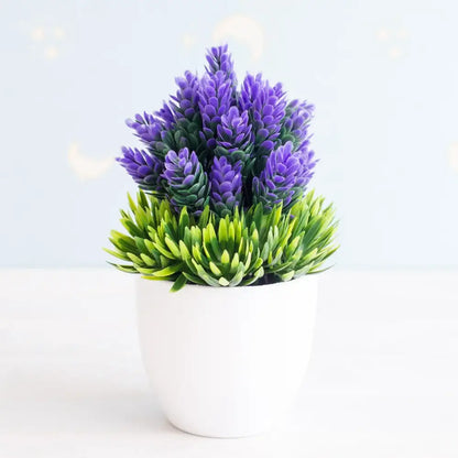 Artificial bonsai tree featuring purple and green artificial lavender in a white ceramic pot for garden decor