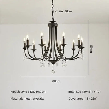 Artistic black metal crystal chandelier with ten led bulbs and crystal droplets for dining room decorbites black metal lighting