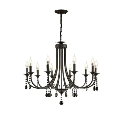 Artistic black metal crystal chandelier with candle-style bulbs and crystal droplets for dining room decorbites black metal lighting