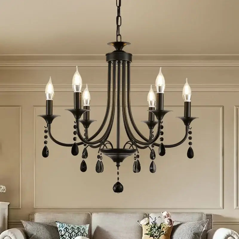 Black metal crystal chandelier with six candle-style bulbs and teardrop pendants for dining room decorbites black metal lighting