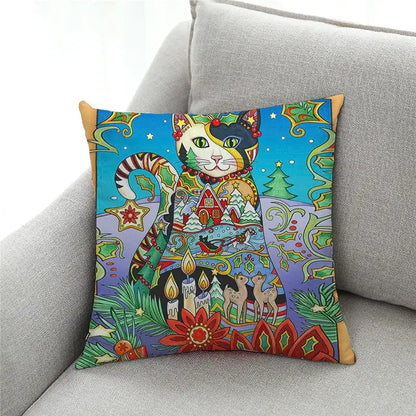 Artistic cat print black cushion covers set of 4 featuring vibrant christmas-themed decorbites cat print design