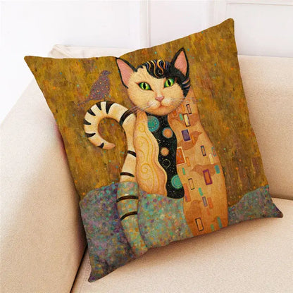 Square throw pillow set of 4 featuring a stylized cat print in black and orange with green eyes for living room decorbites cat print decor
