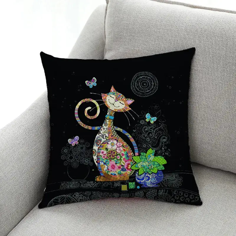 Black cushion cover featuring colorful patchwork cat print with floral patterns and butterflies for living room decorbites cat print